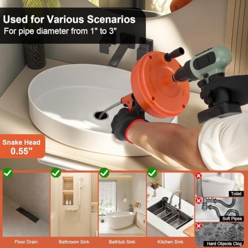 【2026 Newest】50 FT Drain Snake, Plumbing Snake Drain Auger Hair Clog Remover, Flexible Plumbing Snake Use Manually or Powered for Kitchen
