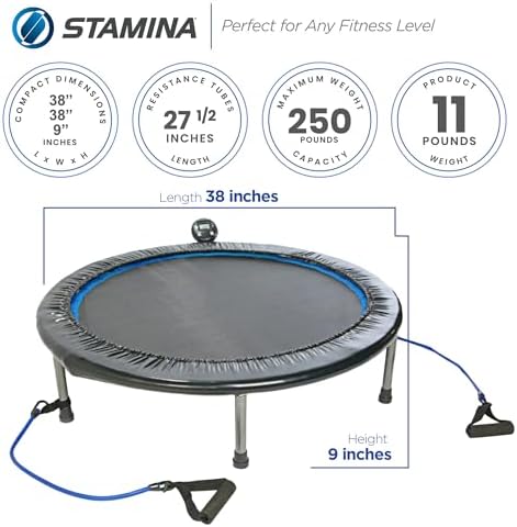 Stamina 36" Foldable Mini Trampoline Rebounder for Adults with Smart Workout App, Black - Portable Fitness Equipment for Home Gym, Cardio and Jumping Training Exercise