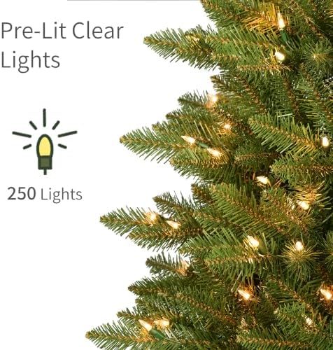Puleo International 7.5ft Pre-Lit Fraser Fir Pencil Christmas Tree with 350 Clear Lights, 1188 Realistic Dense Branch Tips, Easy Setup Artificial Trees with Sturdy Metal Stand