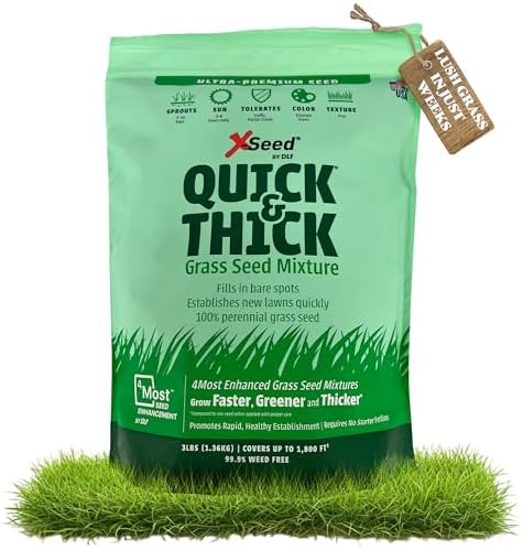 X-Seed Ultra Premium Quick and Thick Lawn Seed Mixture – Rapid Germination for Any Lawn, Dense Coverage in Sun to Shade, High-Traffic Areas, Fescue, Kentucky Blue, & Perennial Ryegrass Blend, 3lb Bag