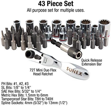 SUNEX TOOLS 9732 44Pc 1/4" Dr Mini Dual Flex Head RATCHET W Socket & Bit Set