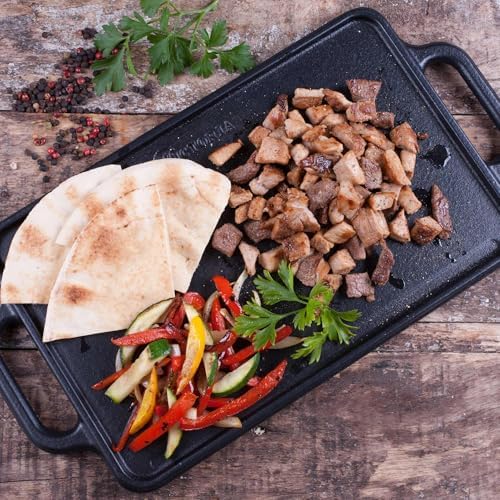Victoria Rectangular Cast Iron Griddle. Double Burner Griddle, Reversible Grill, 13 x 8.5 Inch, Seasoned with 100% Kosher Certified Non-GMO Flaxseed Oil, Model: GDL-189