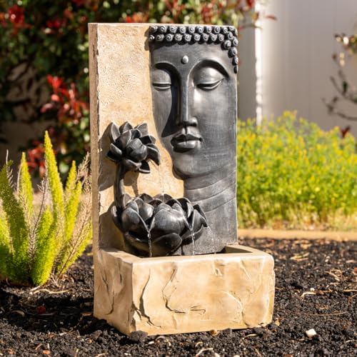 XBrand 30" H Zen Buddha Face Water Fountain w/LED Light & Pump, Indoor/Outdoor Freestanding, Relaxing Zen Décor