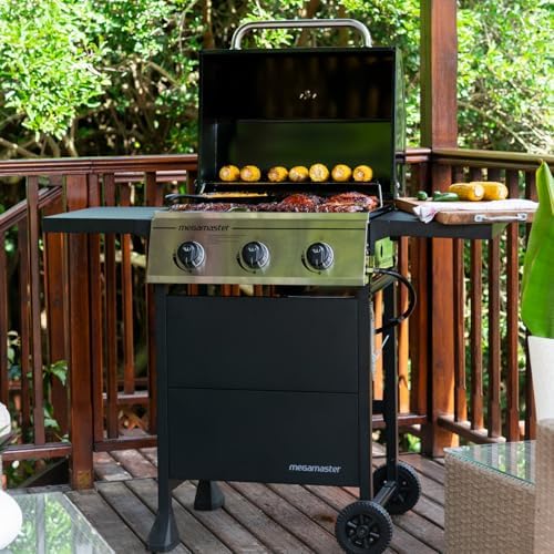 Megamaster Propane 3 Burner Gas Grill, Foldable Shelves with Warming Rack