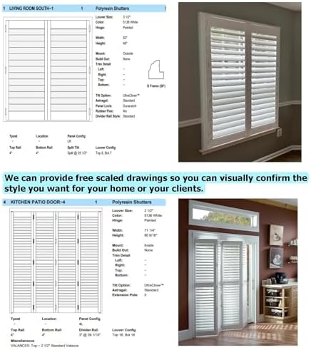 -Plantation Shutters –Custom Made Window Blinds – No Front Tilt Rod - Easy DIY Installation – Interior Plantation Shutters -Privacy Blinds for