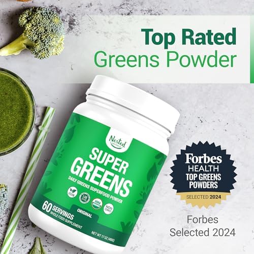 Nested Naturals Super Greens Daily Superfood Powder - Certified USDA Organic Green Powder w/20+ Whole Foods, Spirulina Powder,Wheat & Barley Grass - Probiotics, Fiber & Enzymes - Original Flavour, 30