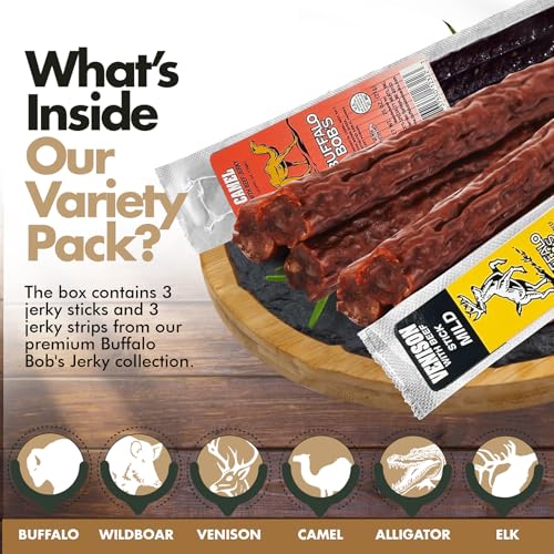 Buffalo Bob's Exotic Meat Random Flavors - Beef Jerky Variety, 6-Pack | Sampler Set, Gift Basket for Men, Hunting & Camping Adventure, Stocking Stuffers, High Protein Snack, Gluten-Free Diet