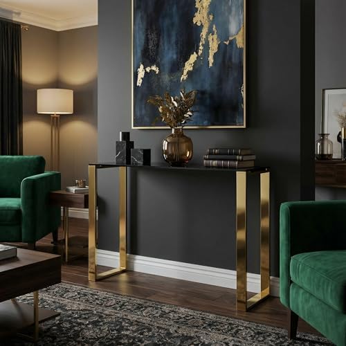 Cortesi Home CH-ET636045 Remini End Table, Gold Metal and Black Glass, End Table 18"