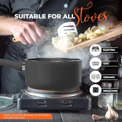 Utopia Kitchen Saucepan 2 QT Detachable Handle with Lid Grey Black | Glass Lid, Multipurpose Use, Home Kitchen and Restaurant, Nonstick Coating, Durable