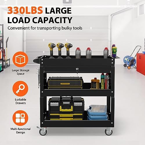 3-Tier Heavy Duty Utility Cart on Wheels, Rolling Tool Cart on Wheels with a Drawer, 350 Lbs Load Capacity Service Cart for Warehous, Garage and Repair Shop (Black)
