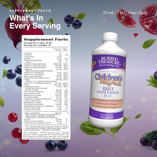 Buried Treasure Children’s Daily Liquid Multivitamin – 27 Vitamins & Minerals with SuperFood Blend – Sugar Free, Vegan, Orange Mango Flavor