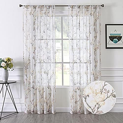 Tollpiz Floral Grey Sheer Curtain Flower Print Vine Embroidery Bedroom Curtains Rod Pocket Voile Window Curtain for Living Room, 54 x 84 inches Long