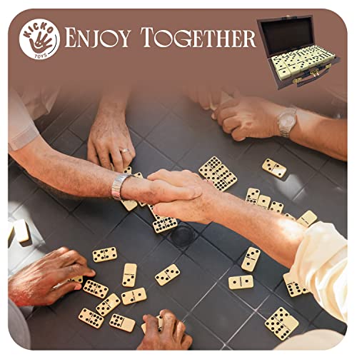 Kicko Domino Set - 28 Pieces Double Six Classic Dominoes in Durable Wooden Brown Box - Fun Mini Board Game for 2-4 Players - Ideal for Boys, Girls, Adults - Family Game Night and Vintage Party Games