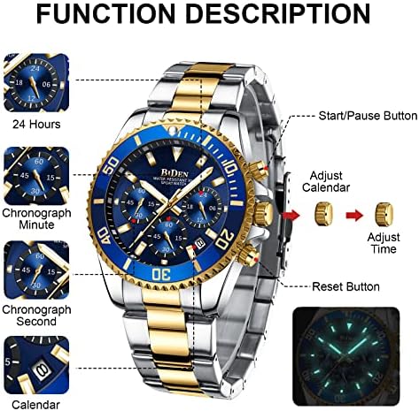 BIDEN Mens Watches Chronograph Gold Blue Stainless Steel Waterproof Date Analog Quartz Watch Business Casual Fashion Wrist Watches for Men