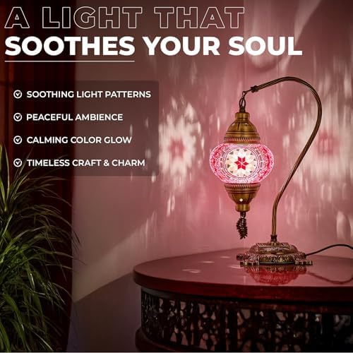 DEMMEX Turkish Table Lamp Moroccan Bedside Light Handmade Tiffany Mosaic Glass Boho Artisan Accent Lighting for Bedroom Living Room, Antique Brass Finish – 15" H, Multicolor