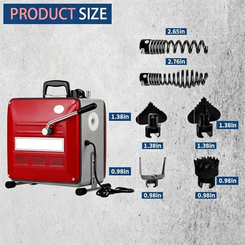 Drain Cleaner Machine, 90Ft Electric Drain Drill (74 'x 5/8 "and 16' x 3/8"), 400W 3-wire electric, portable design, comes with 6 knife heads