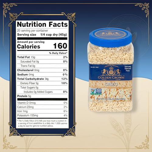 Golden Crown Orzo Pasta - Non GMO & Vegan - All Natural Rice-shaped Pasta in Bronze Cut - Made with 100% Whole Wheat - Perfect for Cold Salad