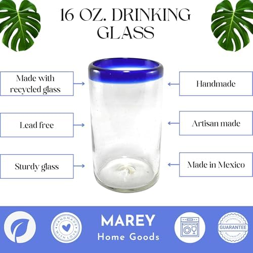 MAREY Hand Blown Drinking Glasses Artisan Crafted from Mexico Set of 6 pieces (Cobalt Blue Rim, Water 16 Oz.)