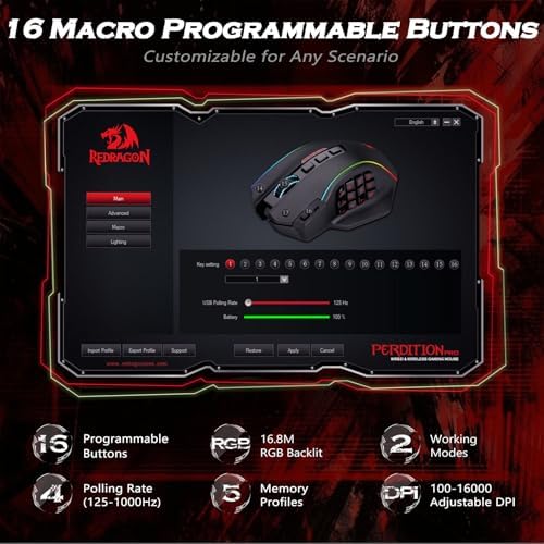 Redragon Gaming Mouse, MMO Mouse Gaming UP 12400 DPI, 19 Macro Programmable Buttons, RGB Mouse with 12 Side Buttons, 8 * 2.4g Weight Tuning for PC Laptop MOBA FPS, M901K, Black