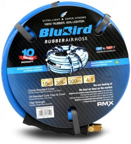 BLUBIRD BB3850 3/8" x 50' Rubber Air Hose, 100% Rubber, Lightest, Strongest, Most Flexible, 300 PSI, 50F to 190F Degrees, Ozone Resistant, High Strength Polyester Braided | High-Performance Pneumatic Hose for Automotive Construction & Industrial, Durable…