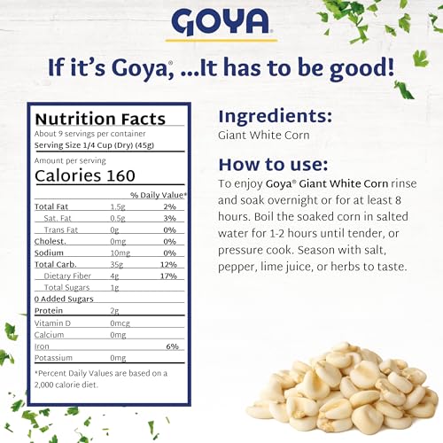 Goya Giant White Corn, Whole White Hominy, Maíz Mote Pelado, Hominy, 14oz | Whole White Hominy, Mexican Corn, Dried White Corn Kernels