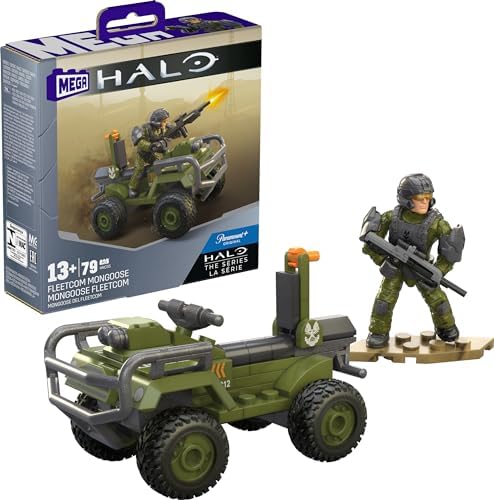 MEGA Halo The Series ATV Building Toys Set, FLEETCOM Mongoose Vehicle with 79 Pieces, 1 Poseable Articulation Figure, Green, Kids or Adults