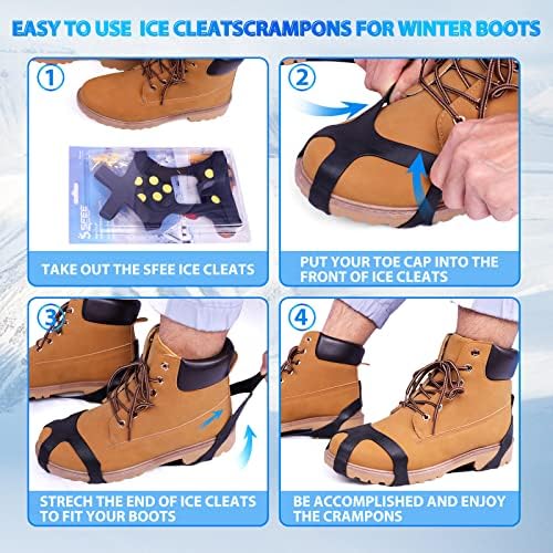 Ice Cleats for Boots Shoes, Snow Grips Cleats for Ice and Snow Anti-Slip Rubber Traction Cleats for Walking on Snow and Ice 10 Steel Studs Crampons for Hiking, Walking, Climbing, Jogging