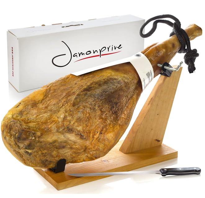 Serrano Ham Bone in from Spain 15-17 lb with Ham Stand & Knife - Cured Spanish Jamon with NO Nitrates or Nitrites all Natural - GMO Free and Gluten