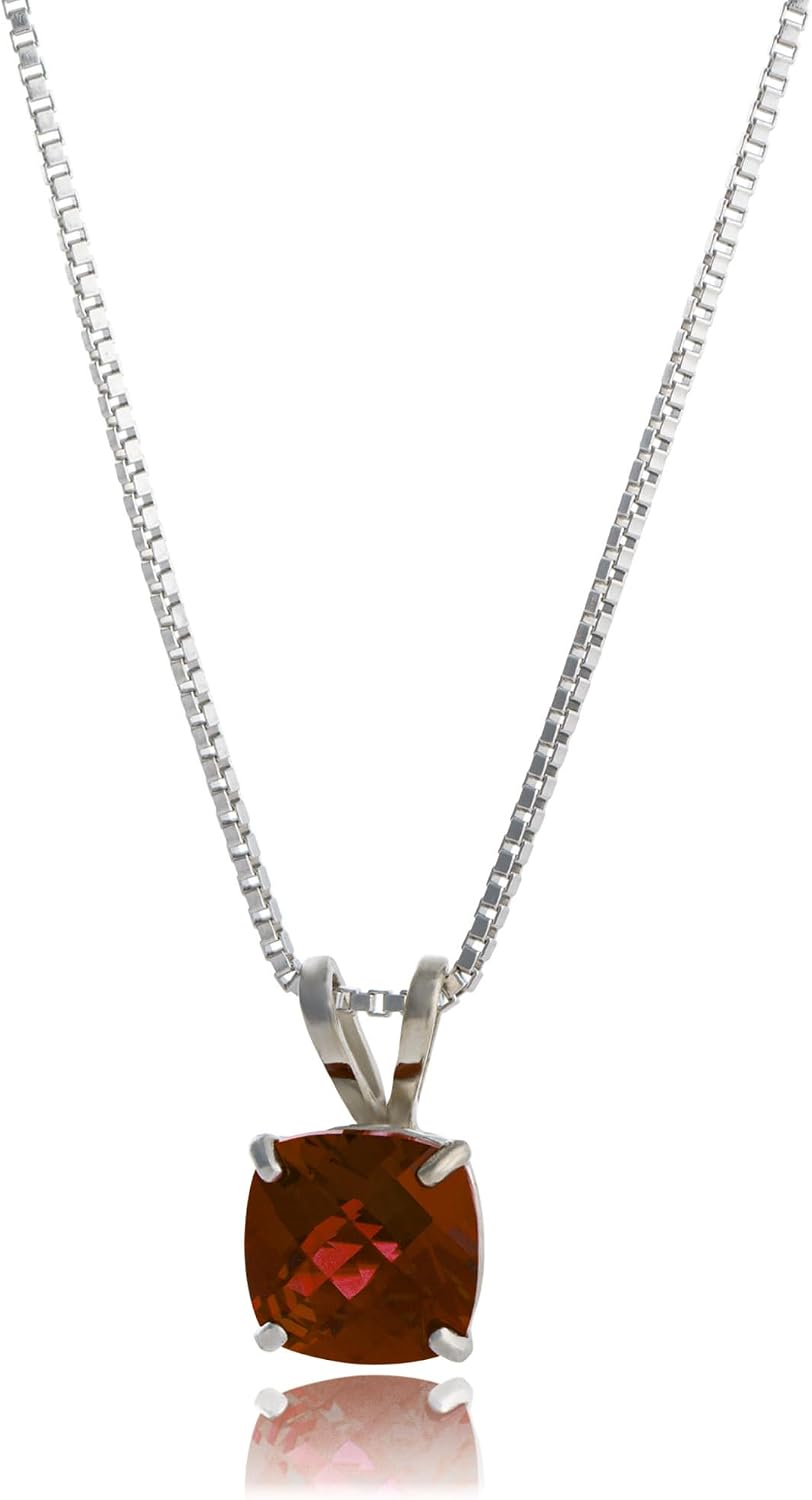MAX + STONE 925 Sterling Silver Cushion Cut Birthstone Necklace for Women | 6mm Hypoallergenic Solitaire Necklace | Gemstone Pendant Necklaces with 18 inch Box Chain
