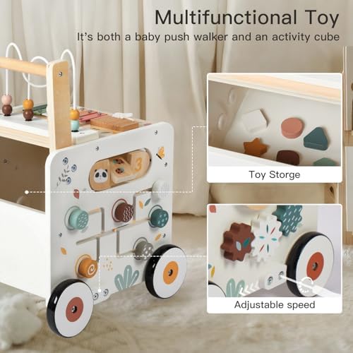 Wooden Baby Walker, Activity Cube Push Walker for Boys and Girls, Toddler Montessori Learning to Walk Toy with Adjustable Speed