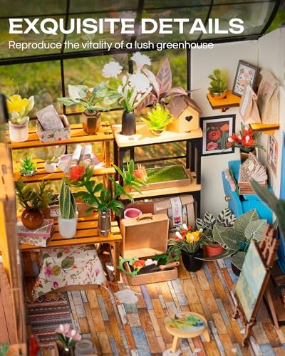 Rolife Greenhouse DIY Miniature Dollhouse Kit Creative Gift for Adults | 1:18 Scale Cathy's Flower House with LED Light, Wooden 3D Puzzle Model Kit