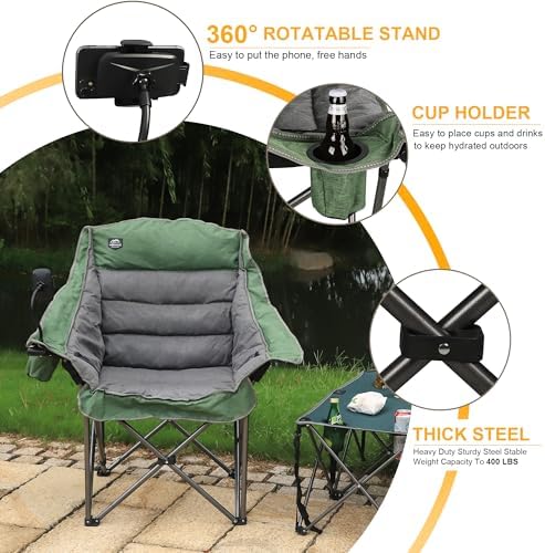 Oversized XL Folding Camping Chair,Heavy Duty Support 400Lbs,Large Comfy Padded Camp Chair for Adults,Lawn Arm Chair w/Cup Holder,Phone Holder,Carry Bag Perfect for Outdoor (Brown