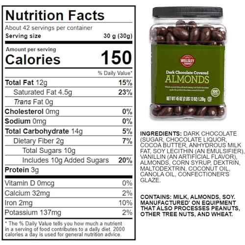 Wellsley Farms Dark Chocolate Covered Almonds – 2lbs 13oz | Whole Roasted Almonds with Real Creamy Dark Chocolate | Kosher, Gluten-Free Snack