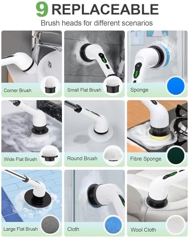 6-in-1 Cordless Electric Spin Scrubber with Long Handle | Power scrubber, bathroom scrubber, 47.2 in long handle, 2 speed scrub brush, IPX7 rated body, kitchen, tile, tub, floor