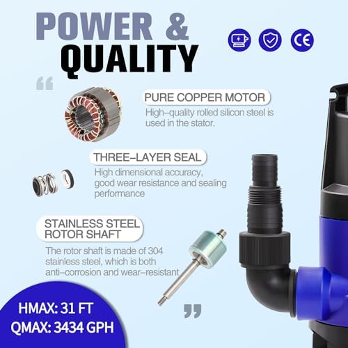 MEDAS 1HP 3434 GPH Sump Pump Submersible Clean/Dirty Water Pump Portable Utility Pump with 16.4ft Cord for Swimming Pool Garden Basement Tub Pond