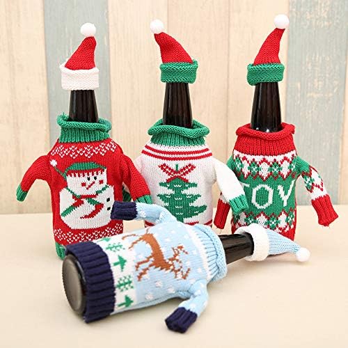 Vpang Christmas Bottle Cover Bag Knitted Wine Bottle Sweaters Cover Dress with Hat Set of 4