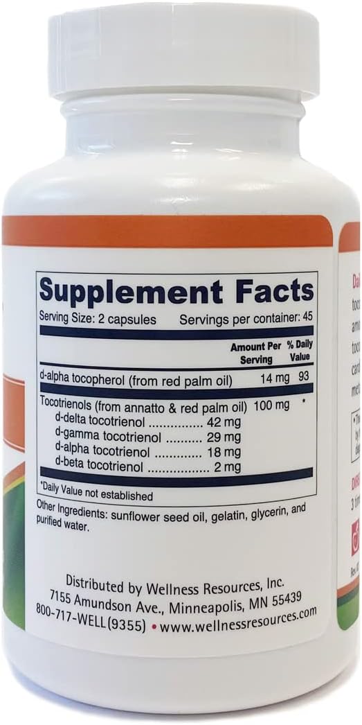 Wellness Resources Daily Super E Tocotrienol Complex - Full Spectrum Vitamin E with Delta, Gamma & Alpha Tocotrienols for Antioxidant Protection, Soy-Free, Natural Source, Non-GMO (180 Caps)