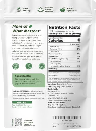 Micro Ingredients Pure Organic Stevia Powder, 8 Ounces, 1418 Serving, Highest Grade Green Leaf Extract Reb-A, Reduced Bitter Aftertaste, 0 Calorie, Natural Sweetener, Sugar Alternative, Keto Friendly