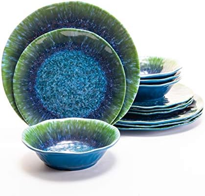 Melamine Dinnerware Set 12 PCS Teal Turquoise Tableware Plates Bowls Blue Green Dishwasher Safe Not Microware Not Oven