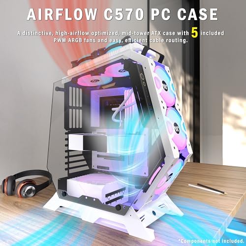 KEDIERS PC Case C570 ATX Mid Tower Tempered Glass Gaming Computer Open Frame Case with 5 PWM ARGB Fans (White C570)