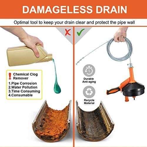 Drain Auger, 25 Feet Plumbing Snake Drain Clog Remover Tool 4-in-1 Set | Included Drain Clog Remover, Hair Clog Remover, Cleaning Brush, for Kitchen