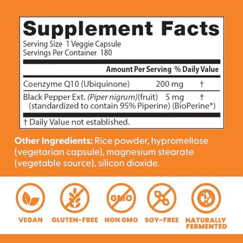 Doctor's Best High Absorption CoQ10 200mg with BioPerine Supplement - Coenzyme Q10 Caps for Heart Health & Antioxidant Support, CoQ10 200 mg for Women & Men, Non GMO - 60 Veg Capsules