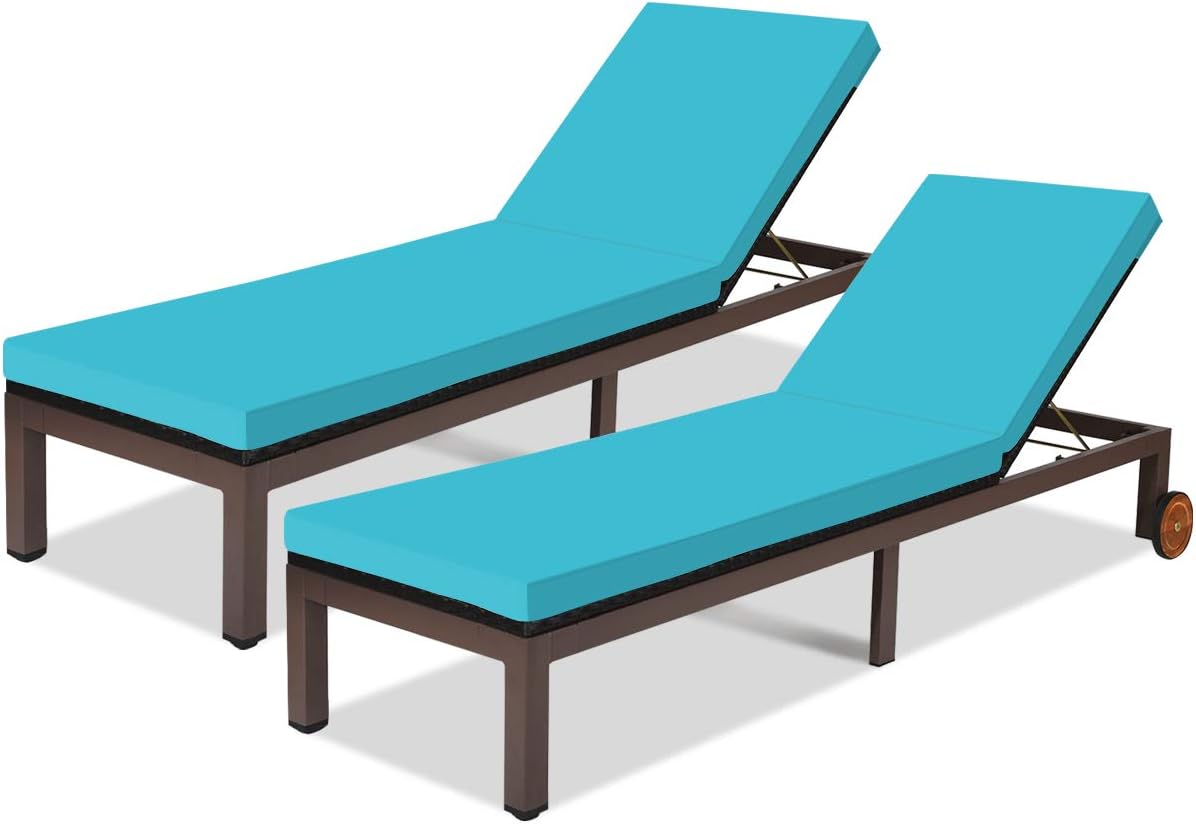 Tangkula Patio Chaise Lounge Chair, Outdoor Rattan Lounger Recliner Chair with Wheels, Wicker Chaise Chair W/Cushioned Seating