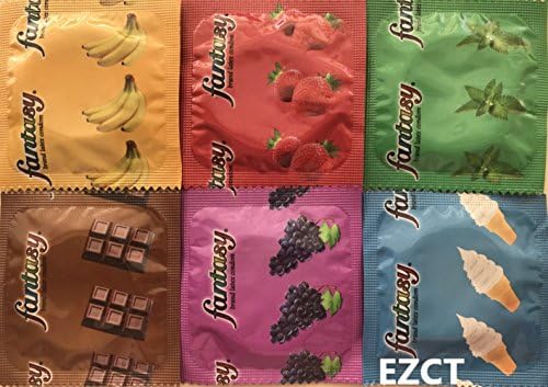 Fantasy Flavored Condoms Pack 12 Condoms : variety of flavors such as VANILLA, STRAWBERRY, MINT, GRAPE, CHOCOLATE