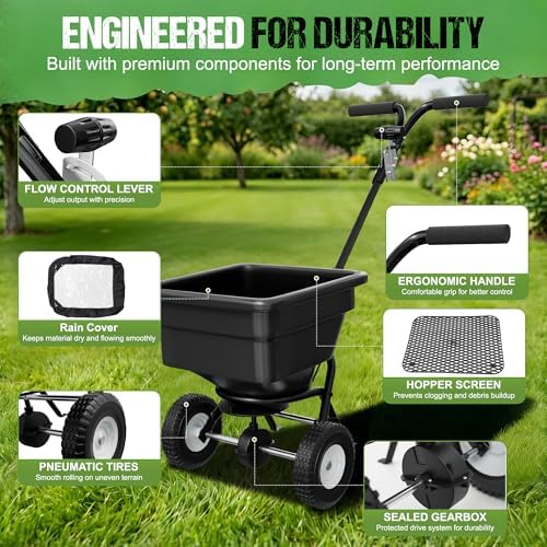 PPOLB Broadcast Spreader for Lawns, 50LB Fertilizer Spreader with 30-Level Flow Control, Walk Behind Lawn Seed & Salt Spreader, 0–10FT Coverage, Hopper Screen, Rain Cover, 12" Pneumatic Wheels