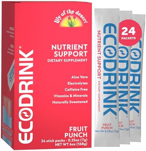 Lily of the Desert EcoDrink Nutrient Support Hydration Packets, Strawberry Lemonade – Naturally Sweetened Multivitamin Electrolyte Mix with Aloe, 24 Stick Packs/Box, 0.25 Oz Ea