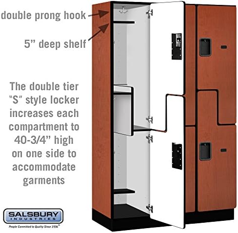Salsbury Industries 2-Tier S-Style Extra Wide Designer Wood Locker with Three Wide Storage Units, 6-Feet High by 18-Inch Deep, Mahogany