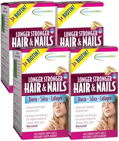 Applied Nutrition Longer Stronger Hair & Nails - 60 Liquid Soft-Gels, Pack of 6 - Biotin, Silica & Collagen - 180 Servings | Biotin | Silica & Collagen | Hair & Nail Support | 6 X 60 Softgels