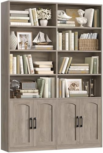 Bookshelf and Bookcase with Doors, Double Wide Large Bookshelves | Industrial Open Display Shelves 6 Tier, 73'' Tall Bookshelf with Storage Cabinets for Office,Home, Living Room, Library,White