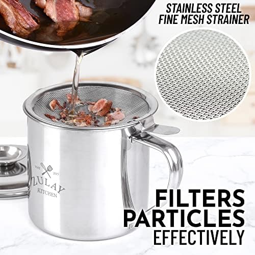 Zulay Bacon Grease Container With Strainer, Lid & Handle -Large, 1L Stainless Steel - Perfect For Kitchen, Storing Ghee, Fats & Frying/Cooking Oils